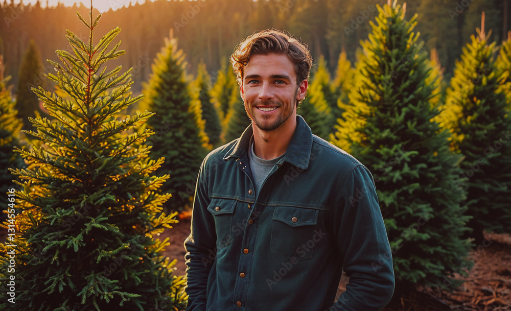 Aufkleber Man is standing in front of a row of pine trees, smiling and posing for a picture