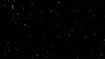White Snow Falling on Isolated Black Background, Shot of Flying Snowflakes Bokeh, Dust Particles or Powder in the Air. Holiday Overlay Effect