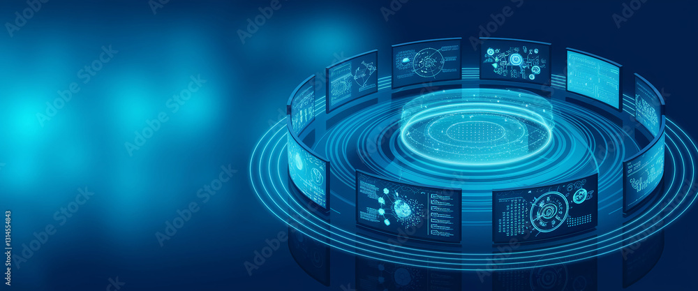 Poster circular array of screens displaying data visualizations on dark blue background, showcasing technol