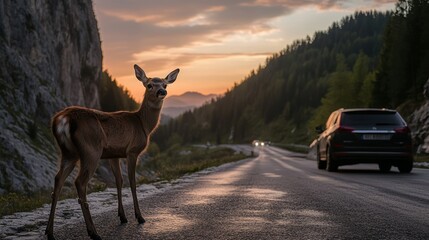 A deer standing on the road in front of an approaching car, symbolizing wildlife danger, road safety concerns, and potential vehicle collision risks in rural and forested areas