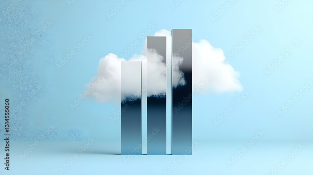Poster cloud computing data storage growth shown with vertical gray and white bar graph and white cloud on 