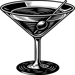 A sleek, classic martini glass filled with a dark liquid and garnished with an olive, showcasing a timeless cocktail design.