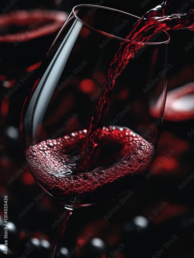 Poster Elegant red wine pouring into a glass creating bubbles against a dark background in a studio shot with a high angle view