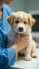 A cute puppy being examined by a veterinarian at the reception desk, vet, healthcare, examination