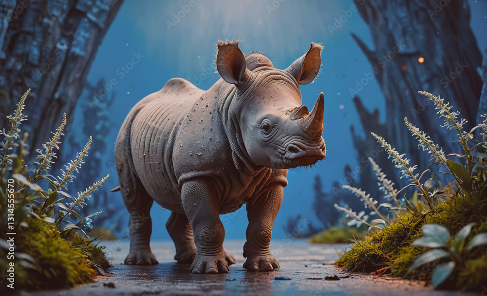 Aufkleber rhino is standing in a field of grass and moss. the rhino is small and he is looking at the camera. 