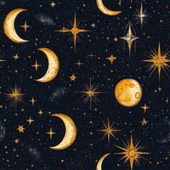 Naklejka premium Serene starry night featuring a crescent moon and shimmering stars in an enchanting cosmic background design