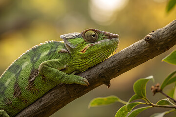 Fototapeta premium Chameleon resting on a tree branch in natural habitat