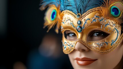 Naklejka premium Woman Wearing Elegant Gold Mask with Peacock Feathers for Celebration
