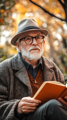 Senior male reading book, wearing hat and glasses, relaxing amid golden autumn leaves in serene park setting