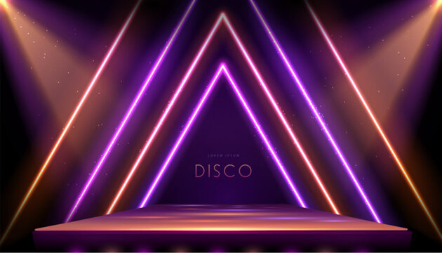 Disco party showcase background with 3d podium, colorful neon triangles and spot light beams.  Vector illustration