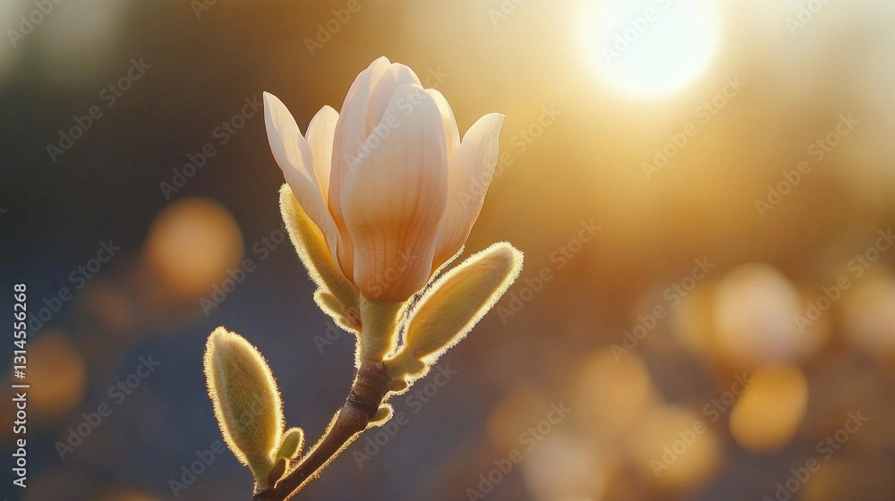 Poster a delicate magnolia flower unfurls its petals, illuminated by the warm glow of the setting sun. soft