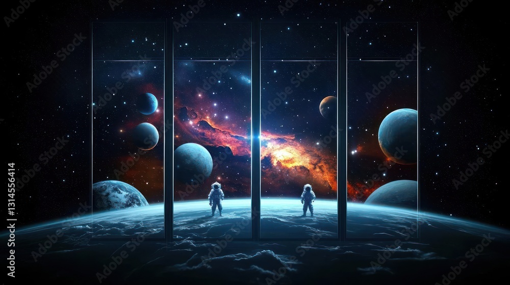Aufkleber two astronauts standing before window with pixelated view of planets and galaxy during night