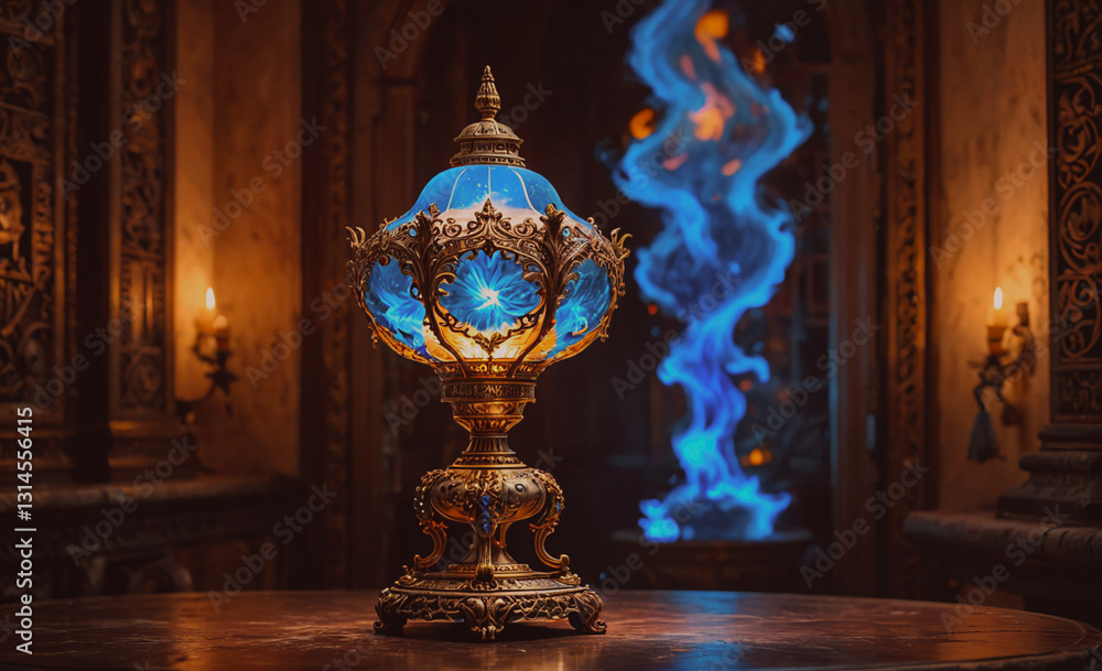 Poster blue and gold lamp sits on a table in front of a blue flame. the lamp is surrounded by candles, crea
