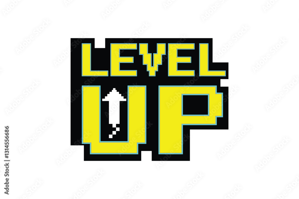 Aufkleber level up icon pixel art .8 bit game. retro game. for game assets in vector illustrations on white ba