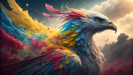 Fototapeta premium A majestic eagle with a sleek, sculpted face, covered in vibrant