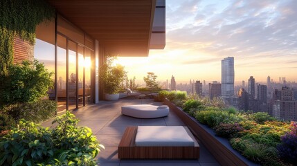 Fototapeta premium A serene rooftop terrace with lush greenery and modern seating, overlooking a city skyline during a beautiful sunset.