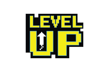 LEVEL UP icon pixel art .8 bit game. retro game. for game assets in vector illustrations on white background.