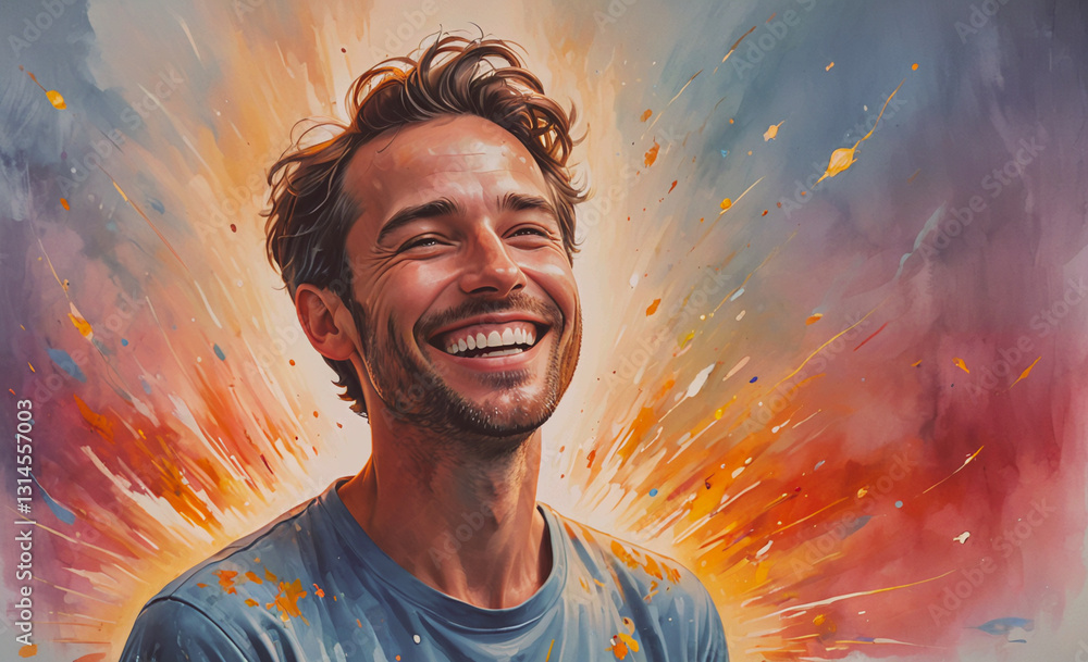 Poster man is smiling in a painting with a bright orange background. the painting is full of bright colors 