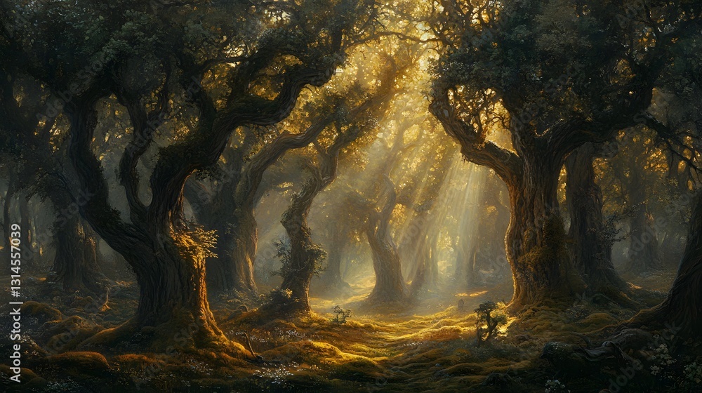 Poster a mystical forest with sunlight filtering through the trees creates a magical atmosphere