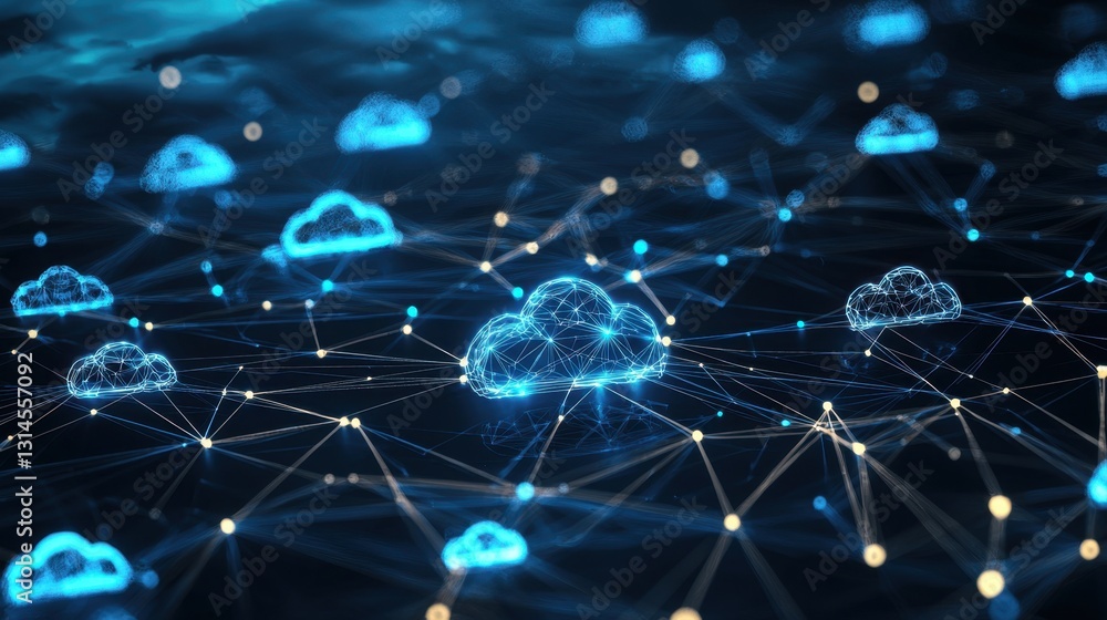 Poster cloud data storage network with glowing connected lines, futuristic cloud computing concept