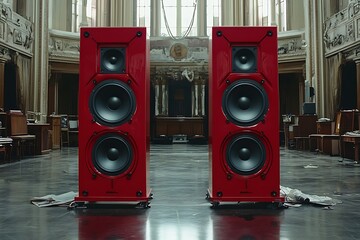 Red speakers in grand church hall