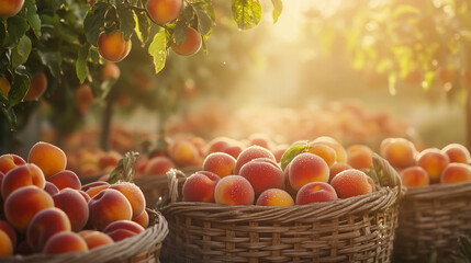 Misty morning at a farmers market with fresh fruit baskets and vibrant colors