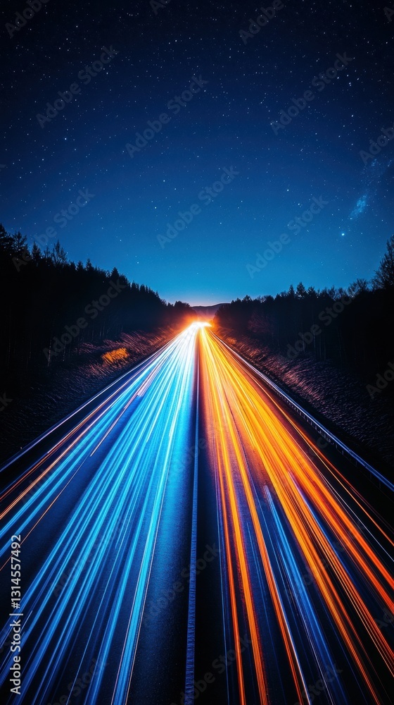 Poster dynamic nightscape highway with starry sky and vibrant light trails capturing speed and motion in a 