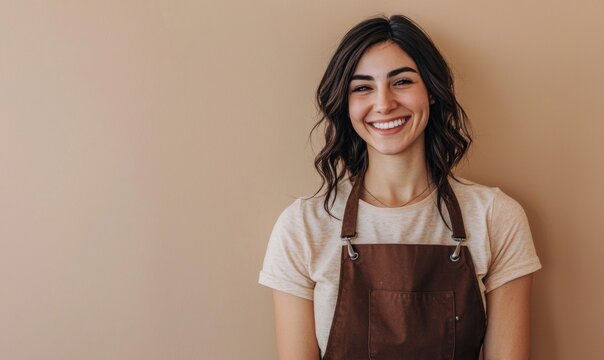 A smile female barista in a brown apron, standing against a warm beige background, cozy and modern aesthetic.