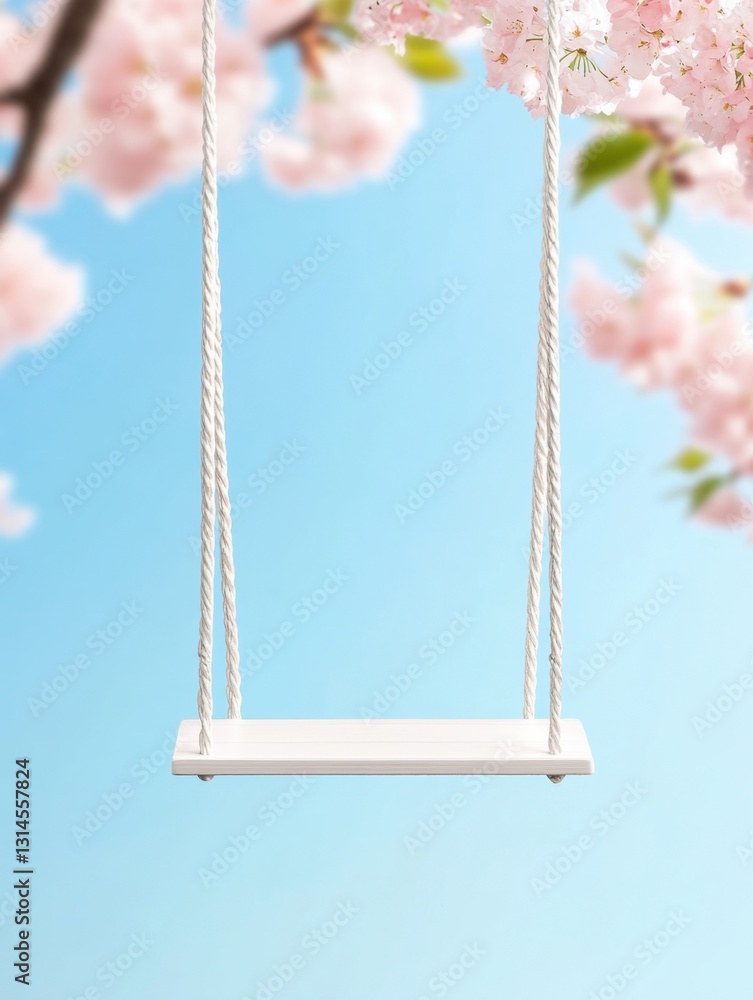 Poster tranquil scene of an empty swing hanging from a tree with blooming pink flowers in spring