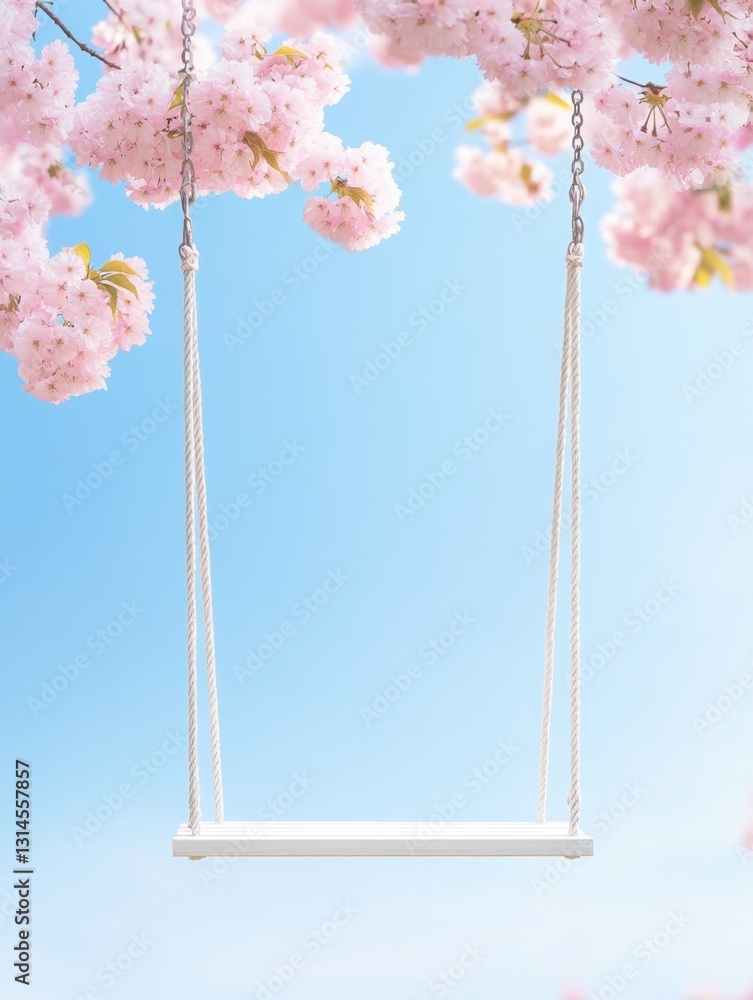 Poster a swing hangs from a tree in full bloom, creating a serene and idyllic scene