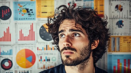 Thoughtful Man Contemplating Data Charts and Statistical Graphics