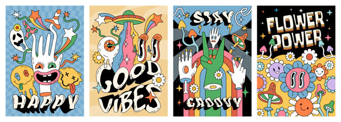 Fototapeta premium Mushroom poster. Psychedelic art. Bright 80s sticker. Good vibes. Trippy daisy flower. Hand gesture. Crazy melting emoji. Comic face. Groovy rainbow. Neon checkered ornament. Vector abstract cards set