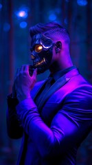 Neon Lit Skull Mask Man in Suit, Mysterious Pose