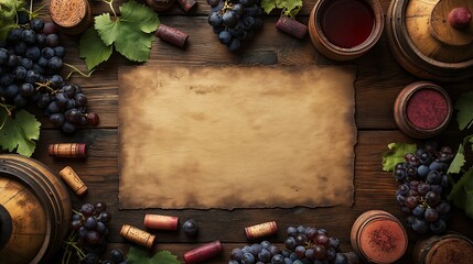 Old Paper Surrounded By Fresh Grapes. Illustration On The Theme Of Decor, Food And Wine. 