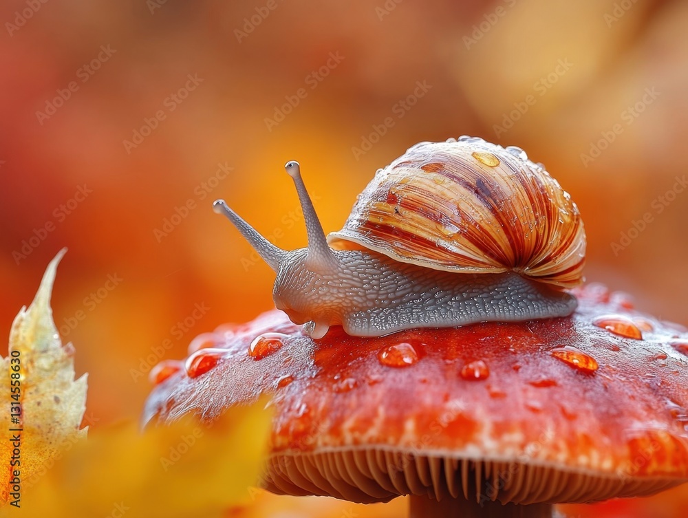 Aufkleber snail on mushroom with autumnal background capturing the essence of nature in a macro shot with soft