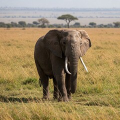 Obraz premium African Elephant in Savannah: Majestic African elephant with large tusks stands in golden savanna grass, showcasing its imposing presence against a hazy landscape background. 