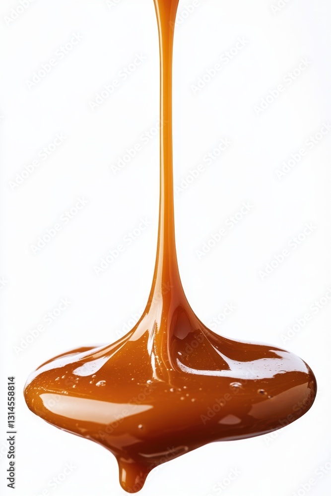 Poster delicious caramel cascade on white backdrop capturing rich texture smooth flow and tempting sweetnes