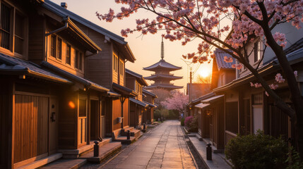 Fototapeta premium serene street lined with traditional wooden houses, cherry blossoms, and pagoda at sunset