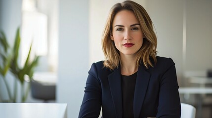 Fototapeta premium Young female executive exudes confidence in a navy blazer, seated at a modern desk, embodying professionalism and leadership.
