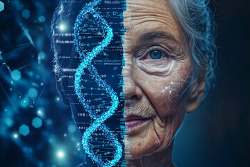 Portrait of old woman in DNA chains, aging concept