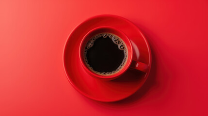 vibrant red cup of coffee sits on matching saucer, creating striking visual. rich black coffee contrasts beautifully with bold color