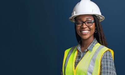 A smile female construction worker in an yellow safety vest and white hard hat, standing against a solid dark blue background, professional and strong posture