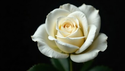 Intricate details of pristine white rose petals, dramatic black contrast, bloom, smooth, plant