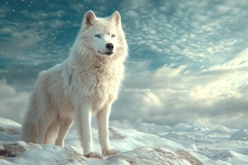 Obraz premium A wolf stands in the middle of a vast snowy landscape. Generative AI
