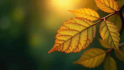 Fototapeta premium Intricate golden leaf veins, blurred backdrop, sun, close-up