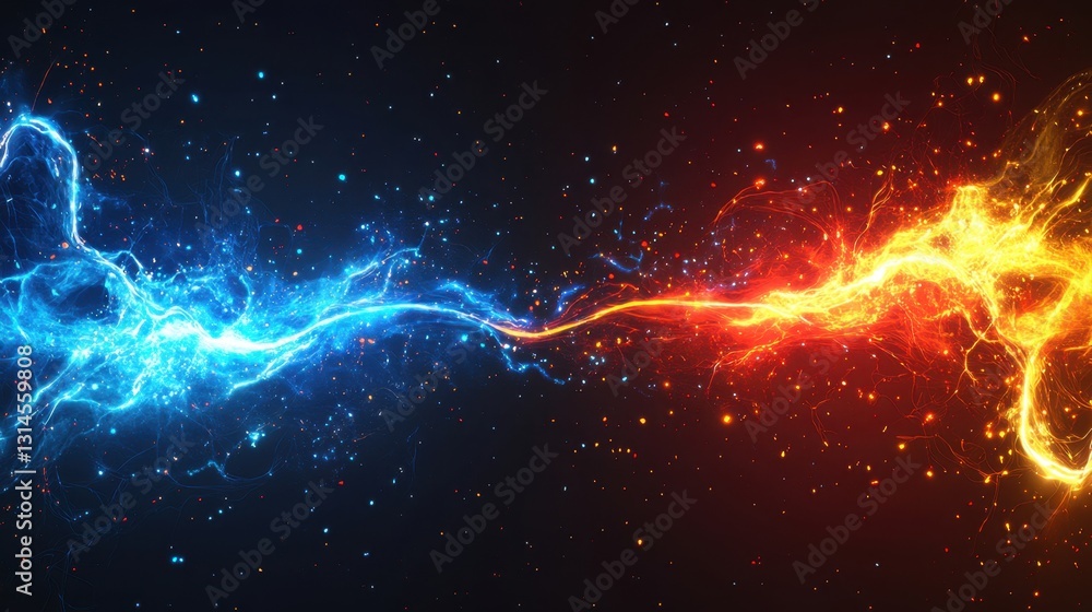 Poster dynamic energy clash of blue and red lightnings on dark background creating a captivating visual of 