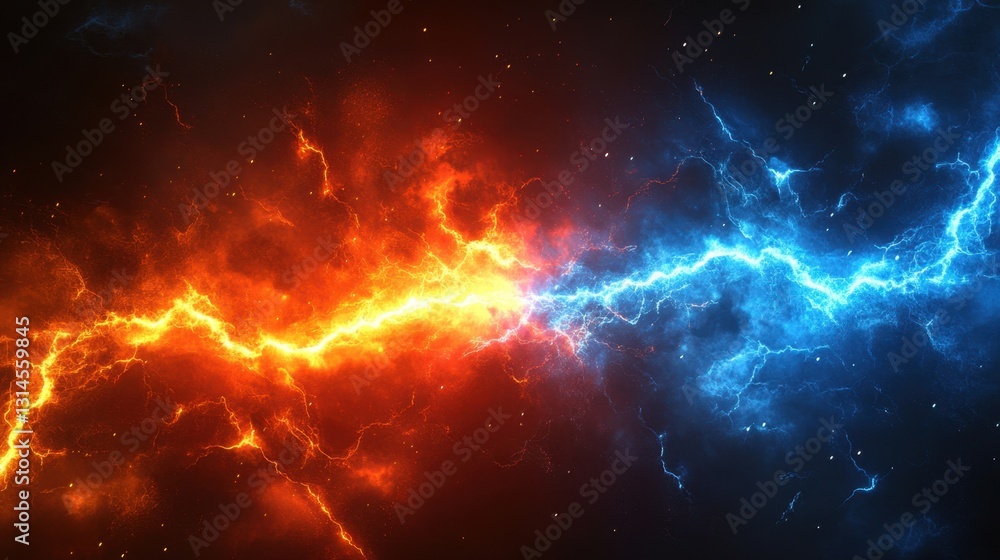 Poster dynamic energy clash of fire and ice lightning with dramatic sky background and vibrant color palett