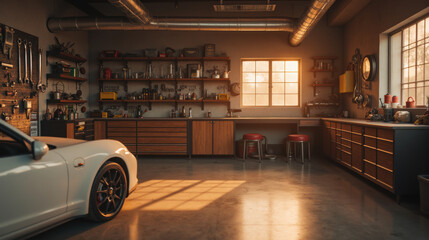 well organized garage with tools, shelves, and car, illuminated by warm sunlight
