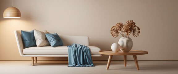 Beige sofa with blue pillows and blanket, wooden coffee table with dried flowers in a vase, illuminated by a wooden pendant lamp, creating a serene and minimalist living room scene