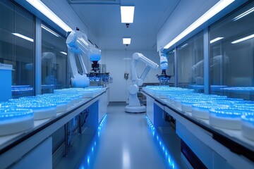 Futuristic robotic laboratory: Automated process with glowing samples on conveyor belts